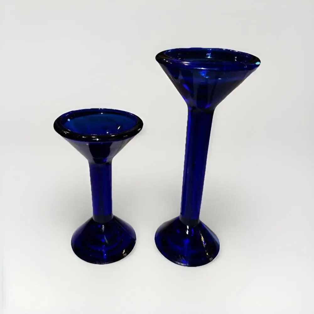 VINTAGE Pair Of Cobalt Blue Taper Candlestick Holders 4 And 6 Inches Tall 1970’s